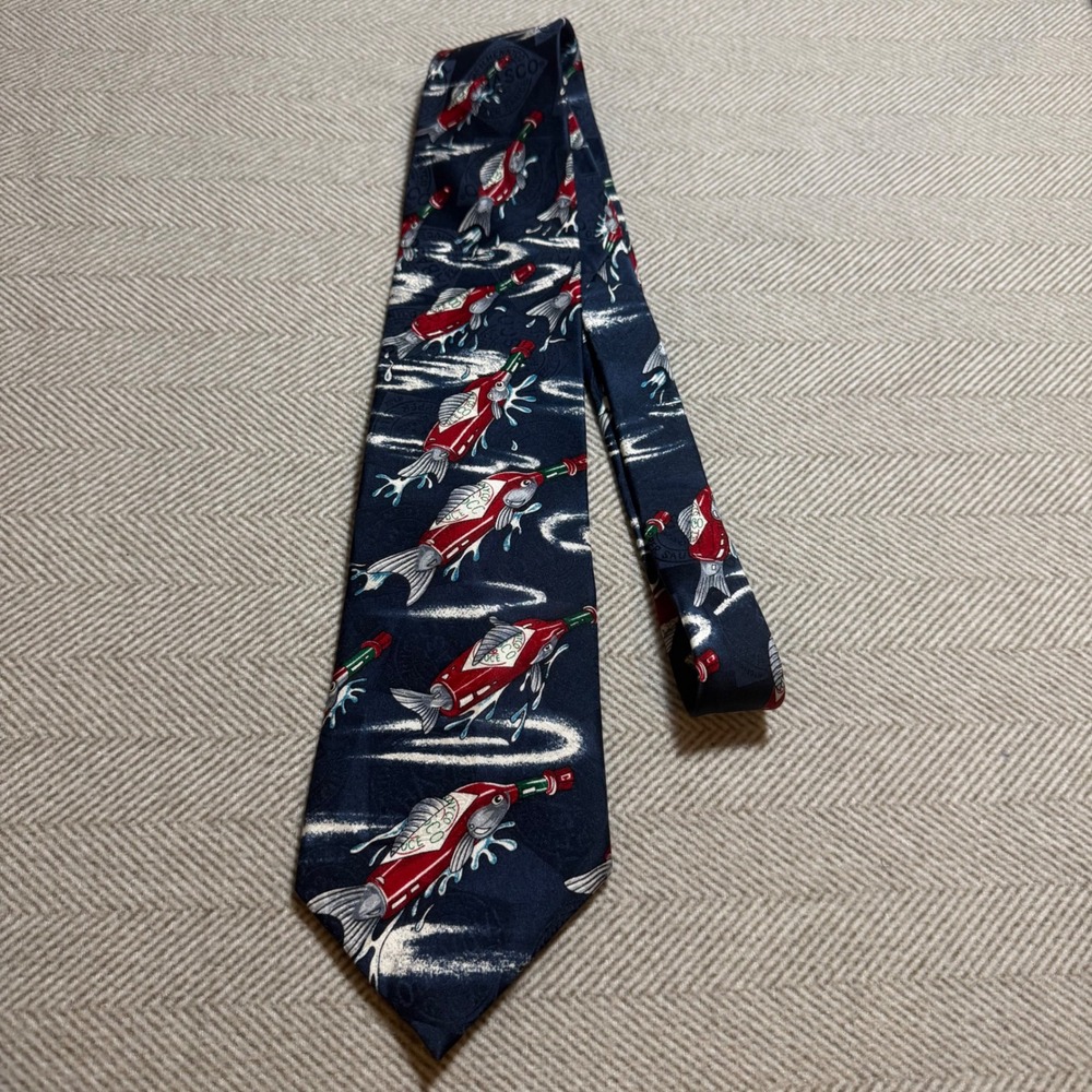 Tabasco Mens Silk Necktie Navy Blue Novelty Fish Bottle Print Made in USA